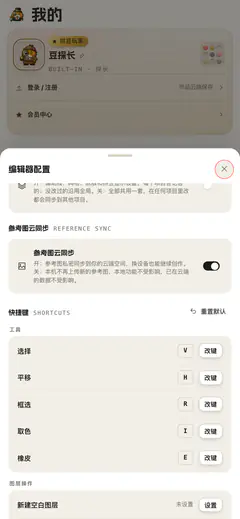 设置页「快捷键」分组：工具小节列着选择、平移、框选、取色、橡皮，每行右侧是键位和「改键」按钮